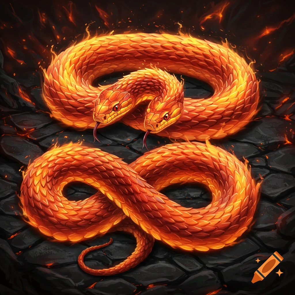 Two intertwined orange fiery snakes on dark rock.