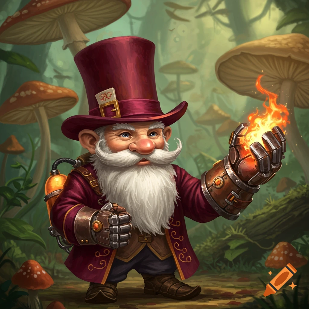A gnome in a maroon hat and jacket holds a fire gauntlet in a mushroom forest.