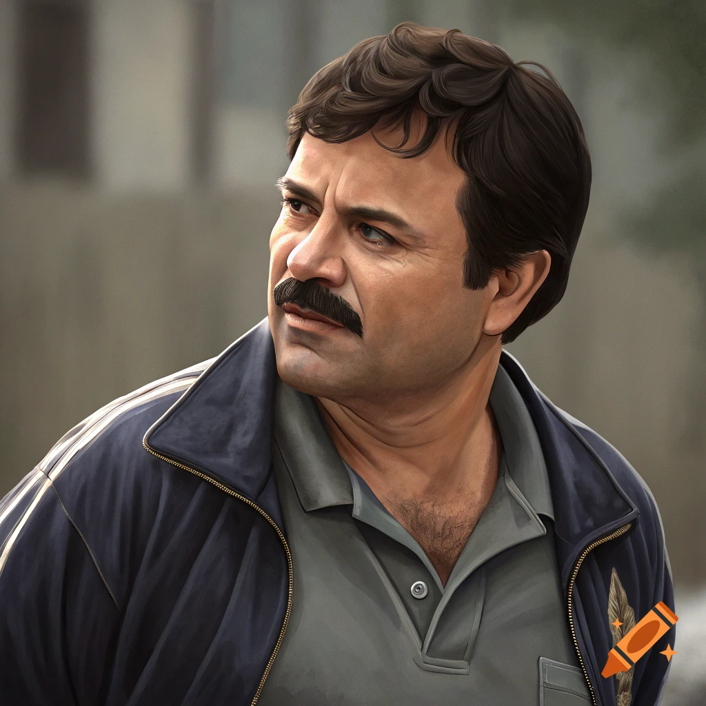 Realistic portrait of a man with a mustache wearing a dark blue jacket over a grey polo shirt, looking to the left.