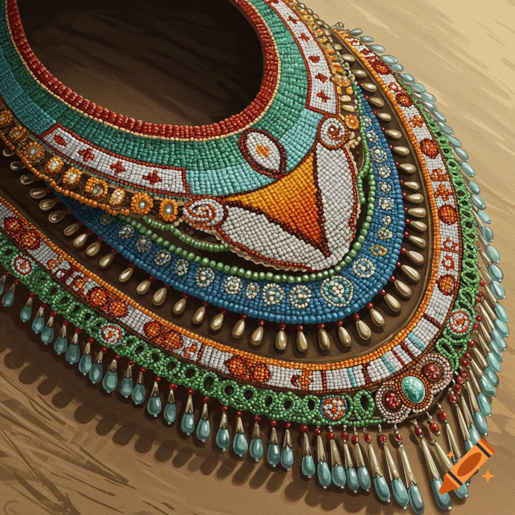 Detailed image of colorful, intricate beaded jewelry in an indigenous style.