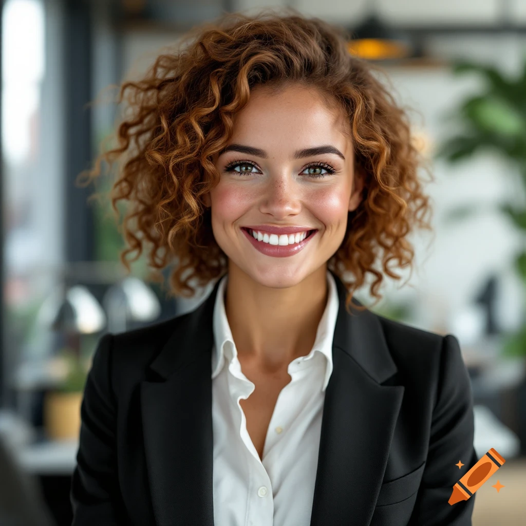 Photorealistic portrait of a smiling woman with curly hair in a blazer in an office.