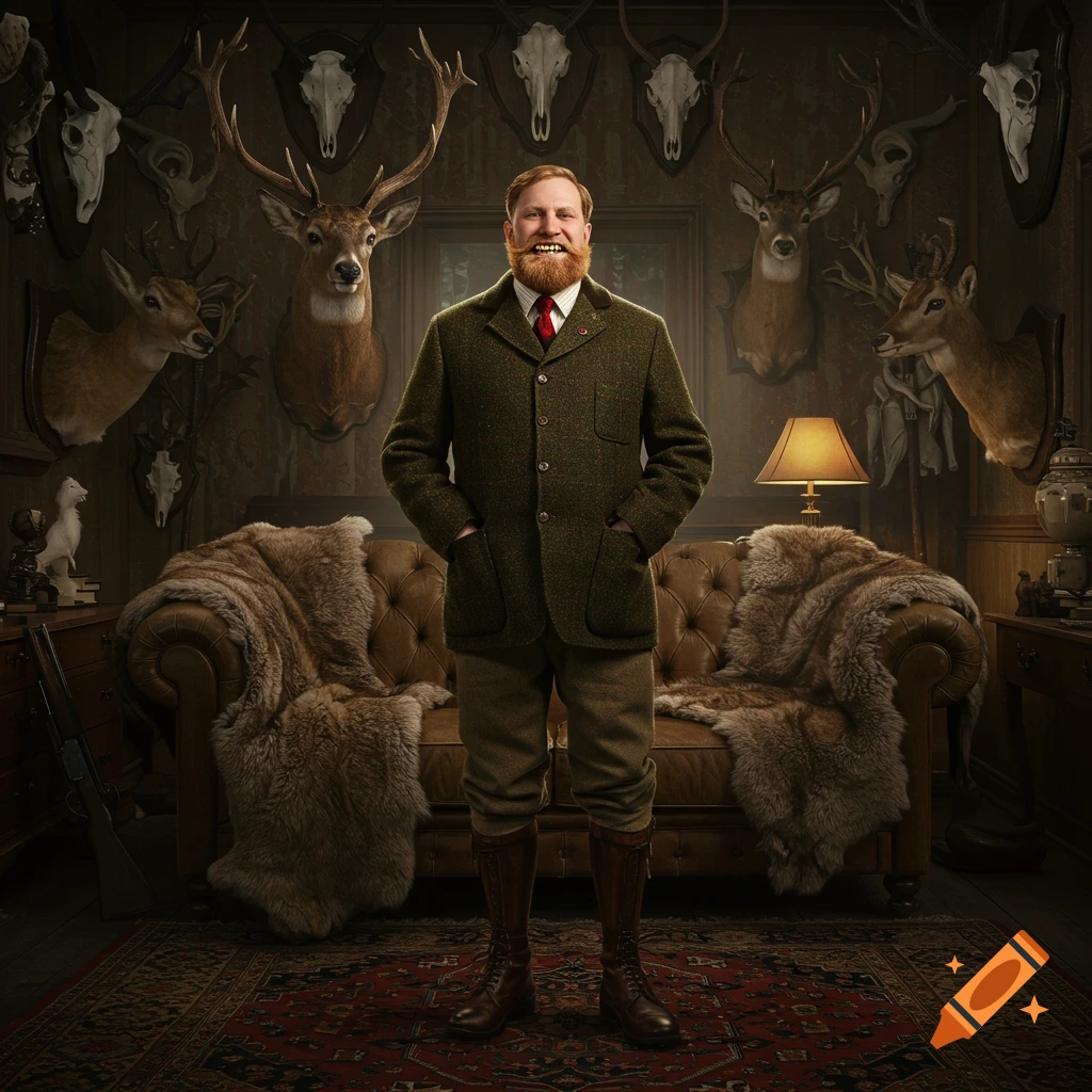 A man in a tweed suit stands in a hunting lodge filled with trophy animal mounts.