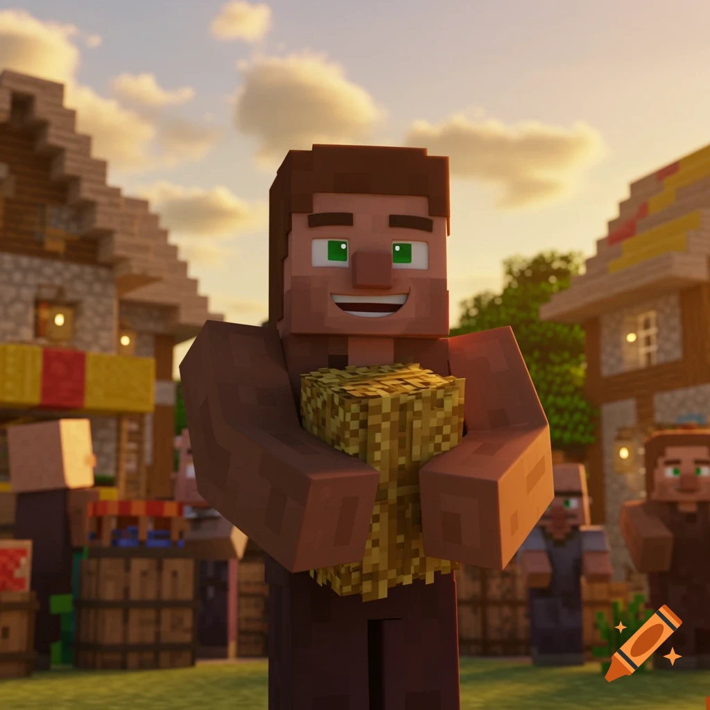 A blocky character, a villager, holding a stack of wheat in a Minecraft village scene at sunset.