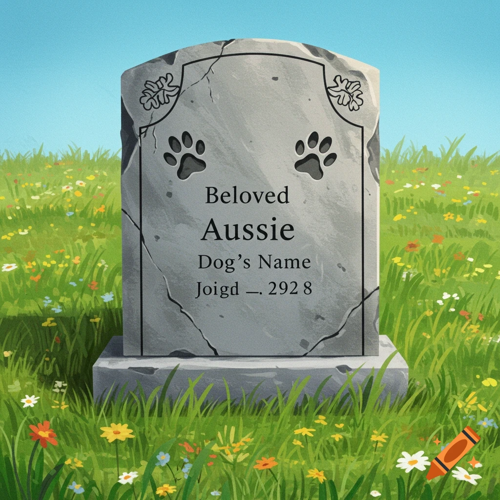 A dog's tombstone stands in a grassy field with flowers.