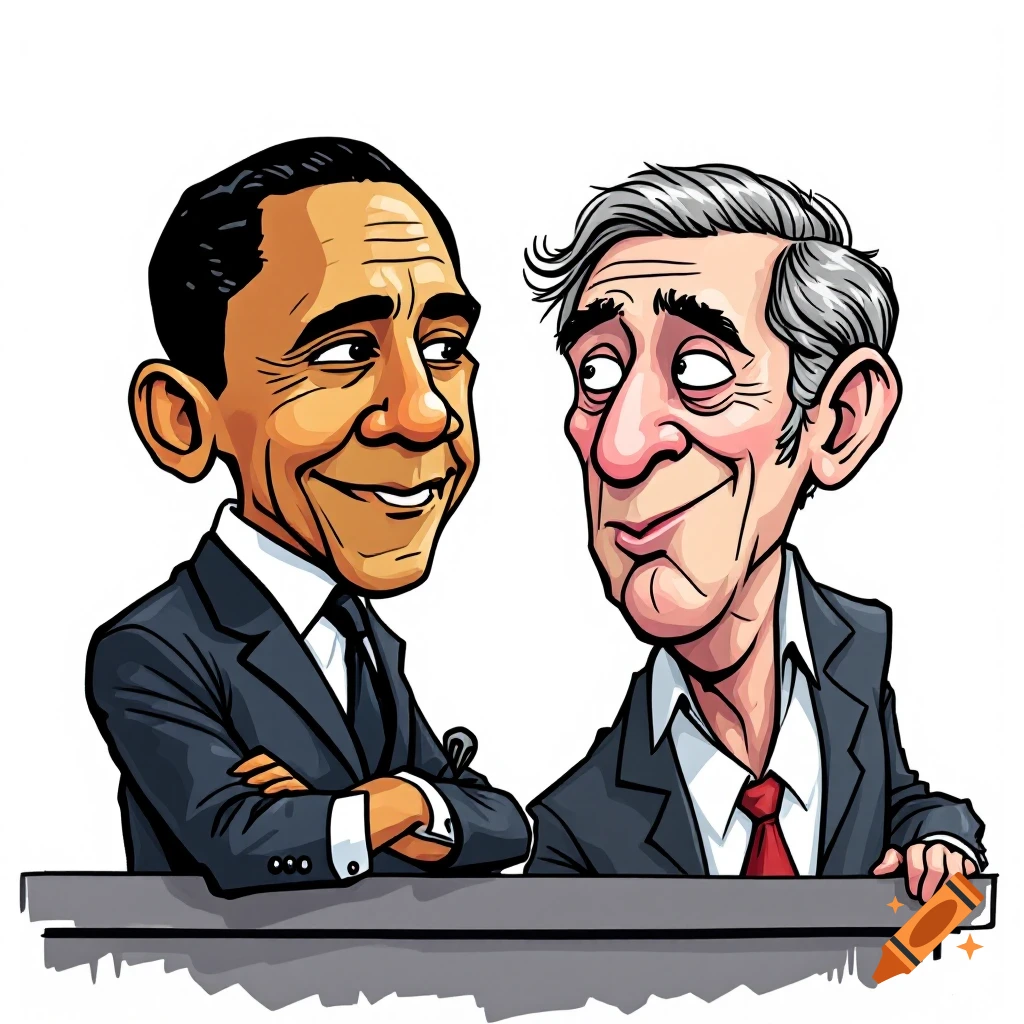 Cartoon caricatures of two men in suits, one resembling Barack Obama, leaning on a surface and looking at each other.