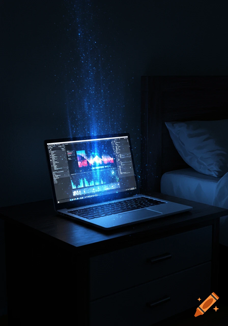 A glowing laptop screen on a nightstand next to a bed in a dark room with sparkling light.
