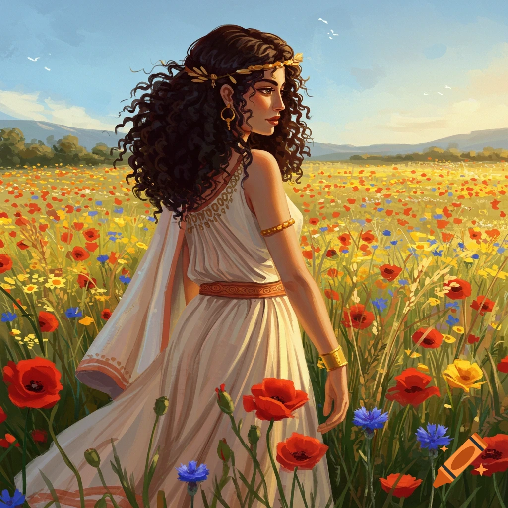 A Minoan woman stands in a sunny field of poppies and wildflowers.