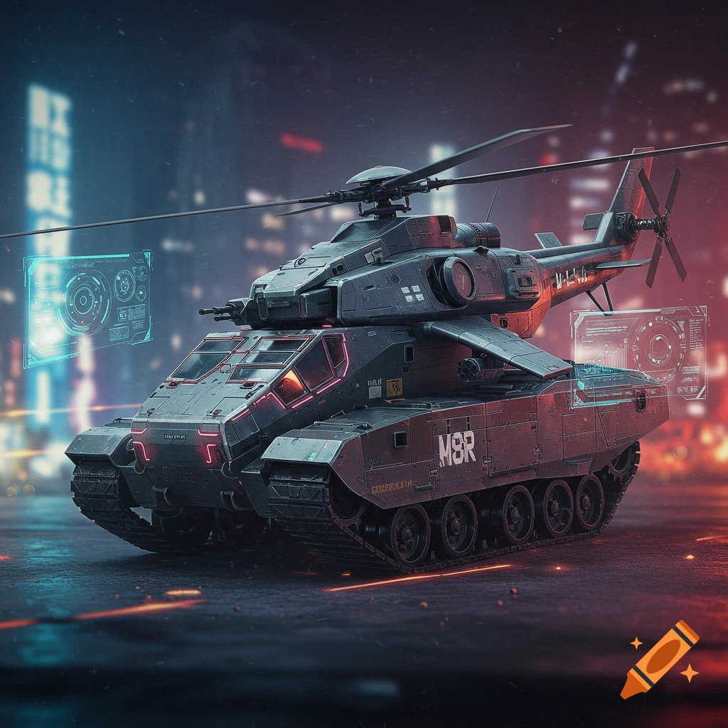 A futuristic helicopter-tank hybrid vehicle in a city at night.