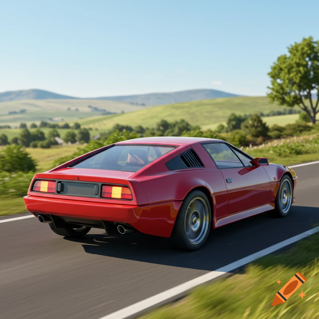 A red sports car drives down a winding road through a green, hilly landscape in Pixar animated style.