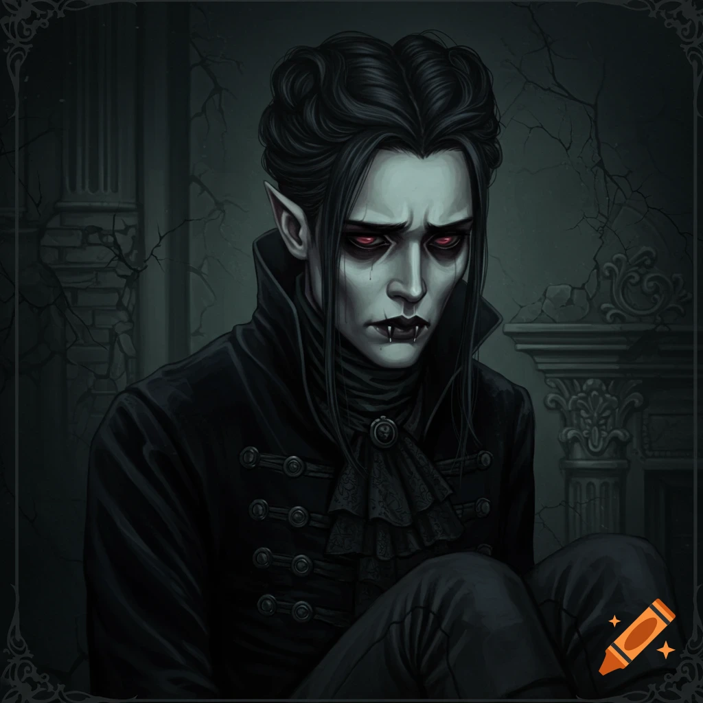 A sad Victorian vampire with red eyes and fangs