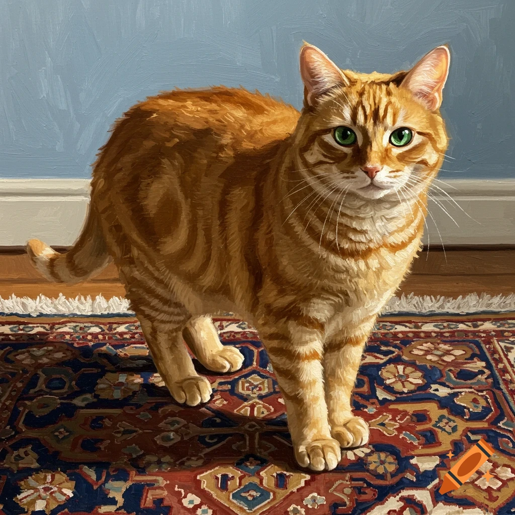 An oil painting of an orange tabby cat standing on a Persian rug.