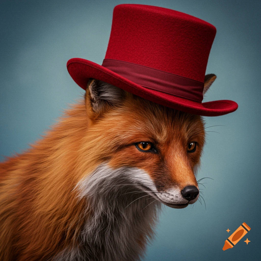 Photorealistic portrait of a fox wearing a red top hat.