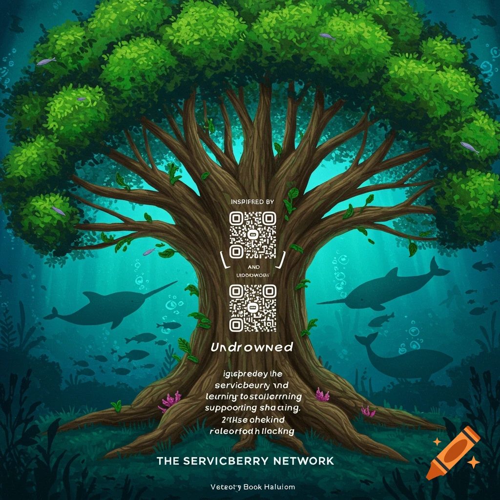 A stylized image of a large tree growing underwater, with QR codes on the trunk, surrounded by silhouetted narwhals and fish.