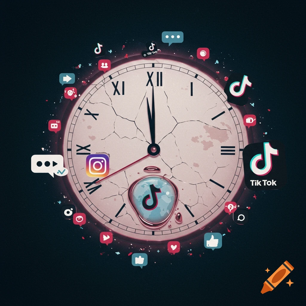 Cracked clock face surrounded by social media icons like TikTok and Instagram, with broken hands and a looping arrow.