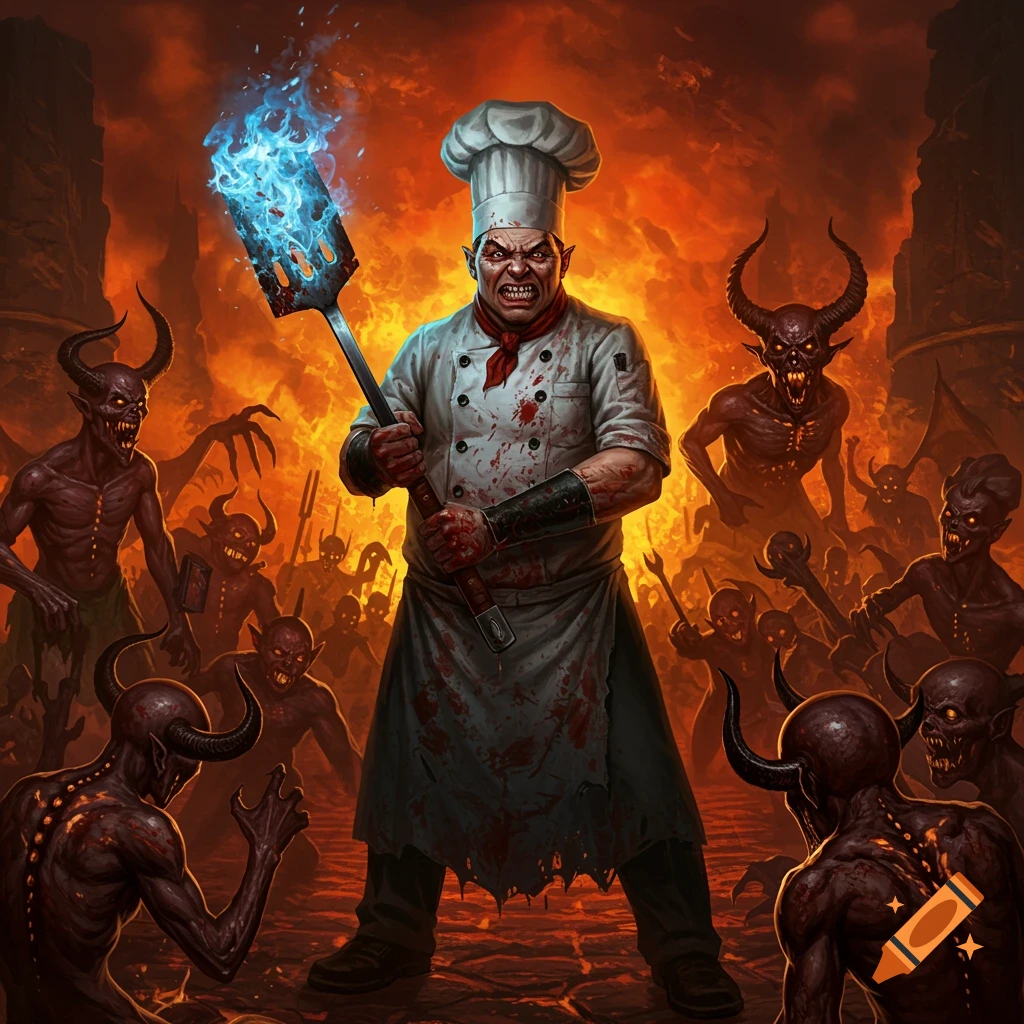 An angry chef with a flaming spatula is fighting demons in a fiery hellscape.
