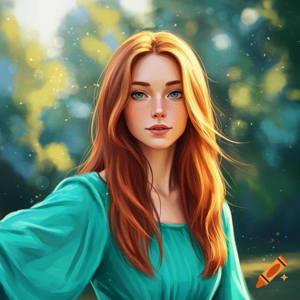 A young woman with red hair, blue eyes, and freckles, wearing a green dress, in a soft-focus nature background.