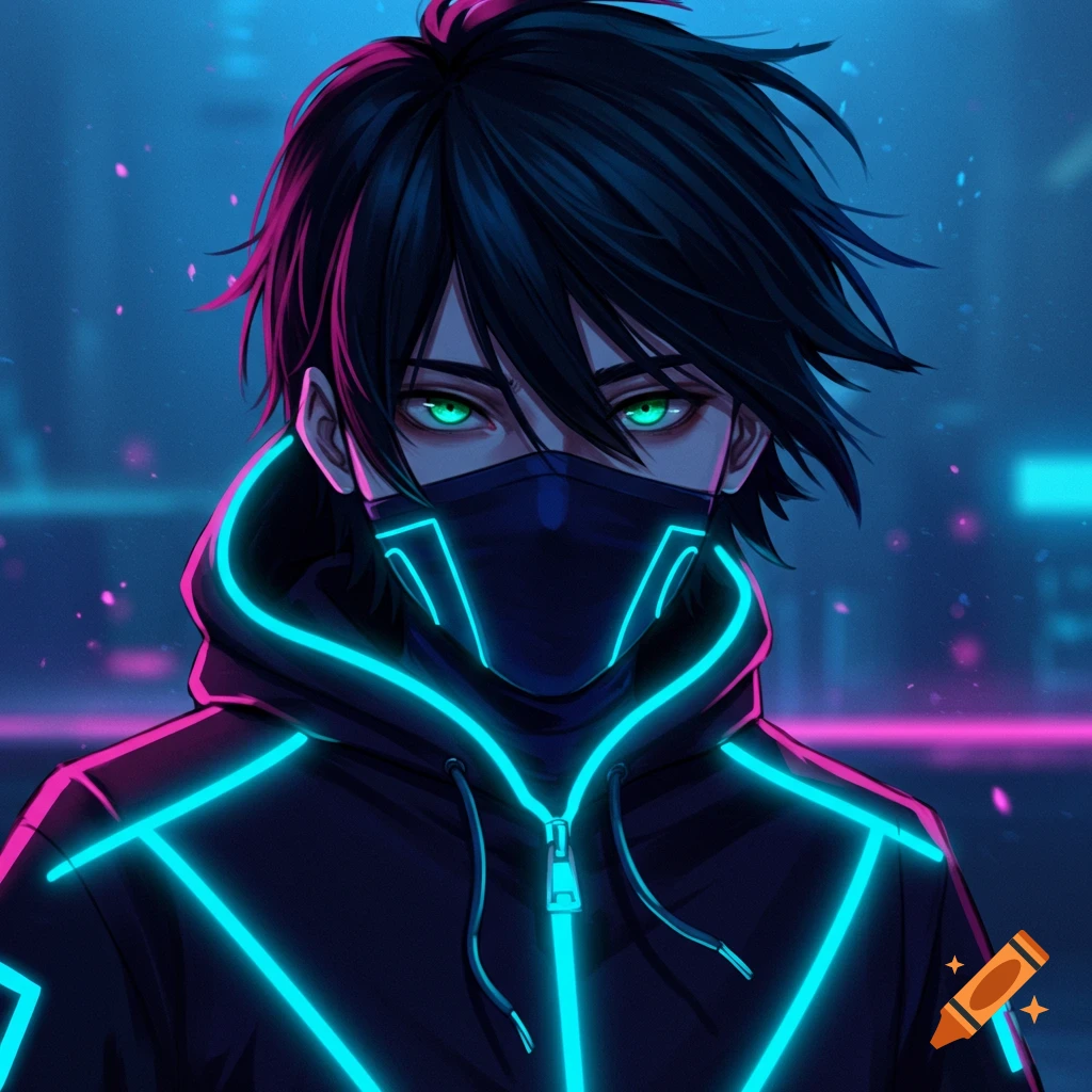 Anime boy in black hoodie with blue neon stripes and mask, green eyes, neon city background.