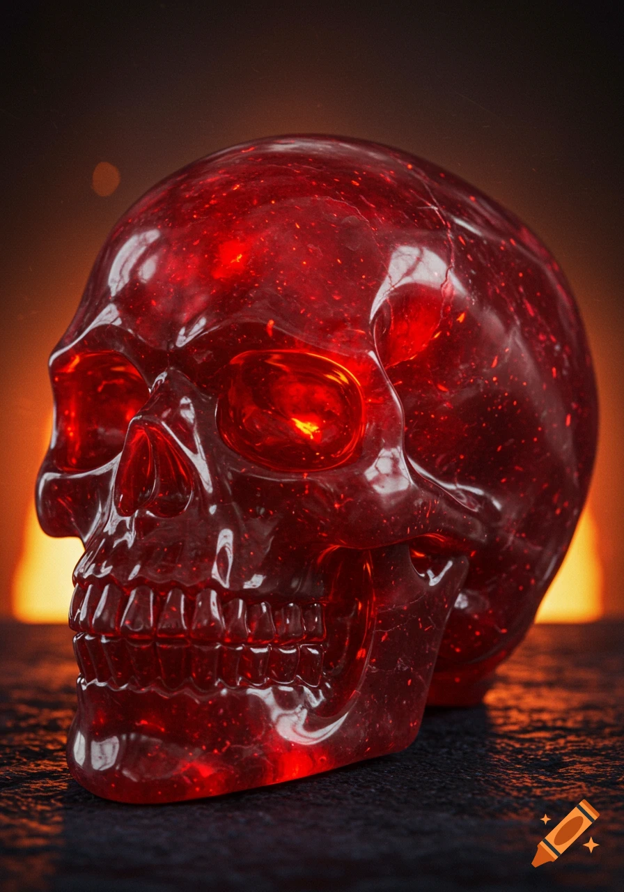 A glowing red translucent skull on a dark surface