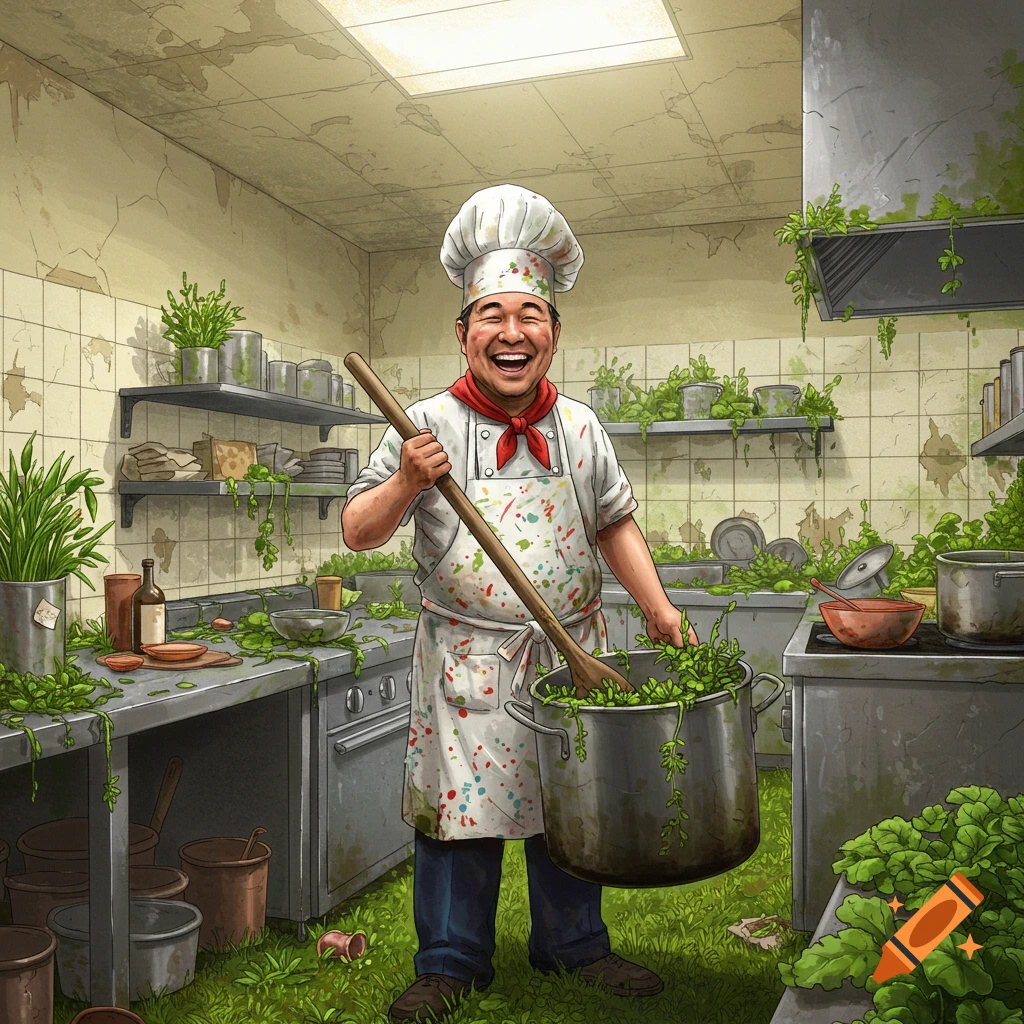 A happy chef in a paint-splattered apron stirs a pot full of weeds in a kitchen overgrown with plants.