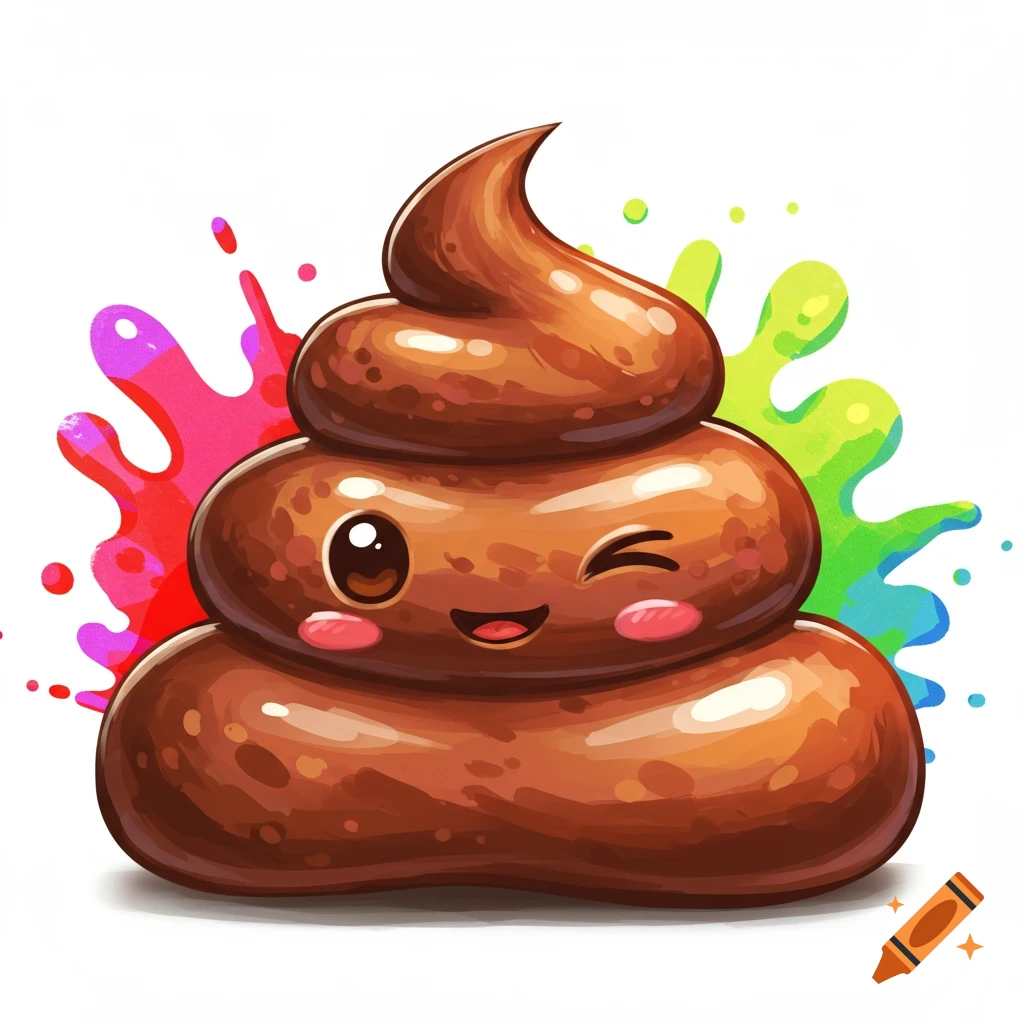 A cute cartoon poop emoji winking with colorful paint splatters behind it.
