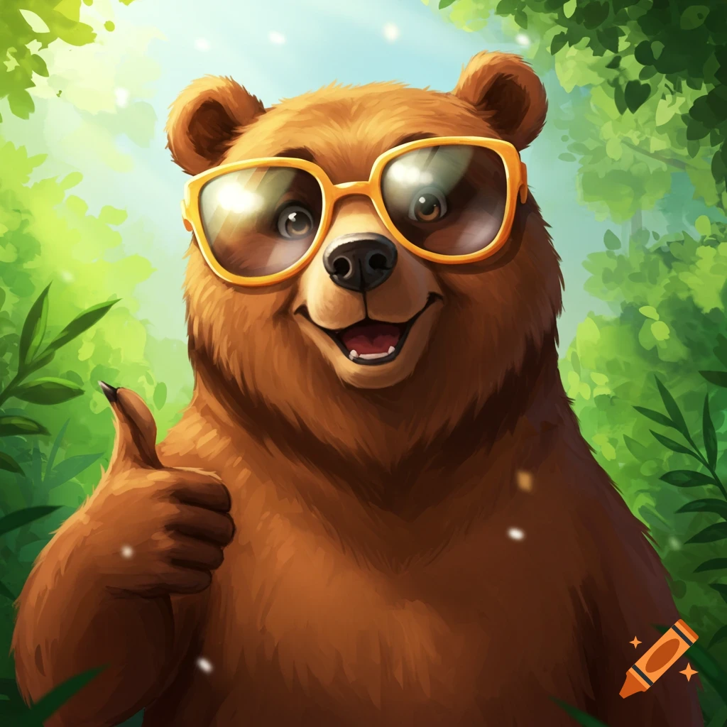 Cartoon bear wearing sunglasses and giving a thumbs up in a forest.