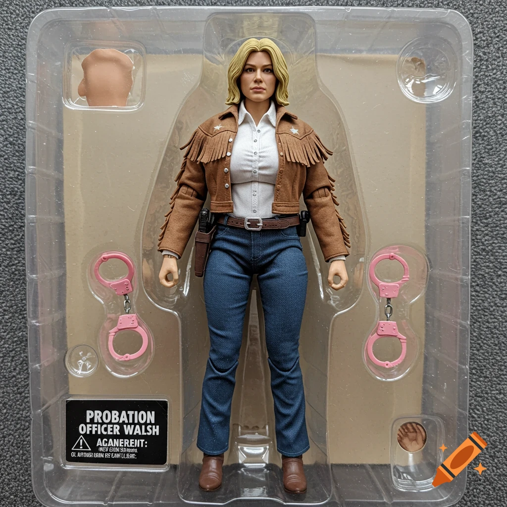 Action figure of a woman in a brown fringed jacket and jeans in blister packaging with pink handcuffs.