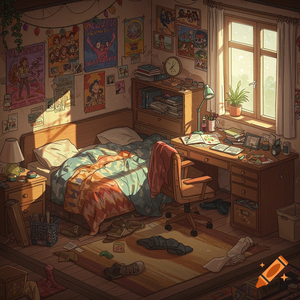 A detailed image of a cluttered, cozy bedroom with posters on the wall, an unmade bed, and a desk with books and papers.