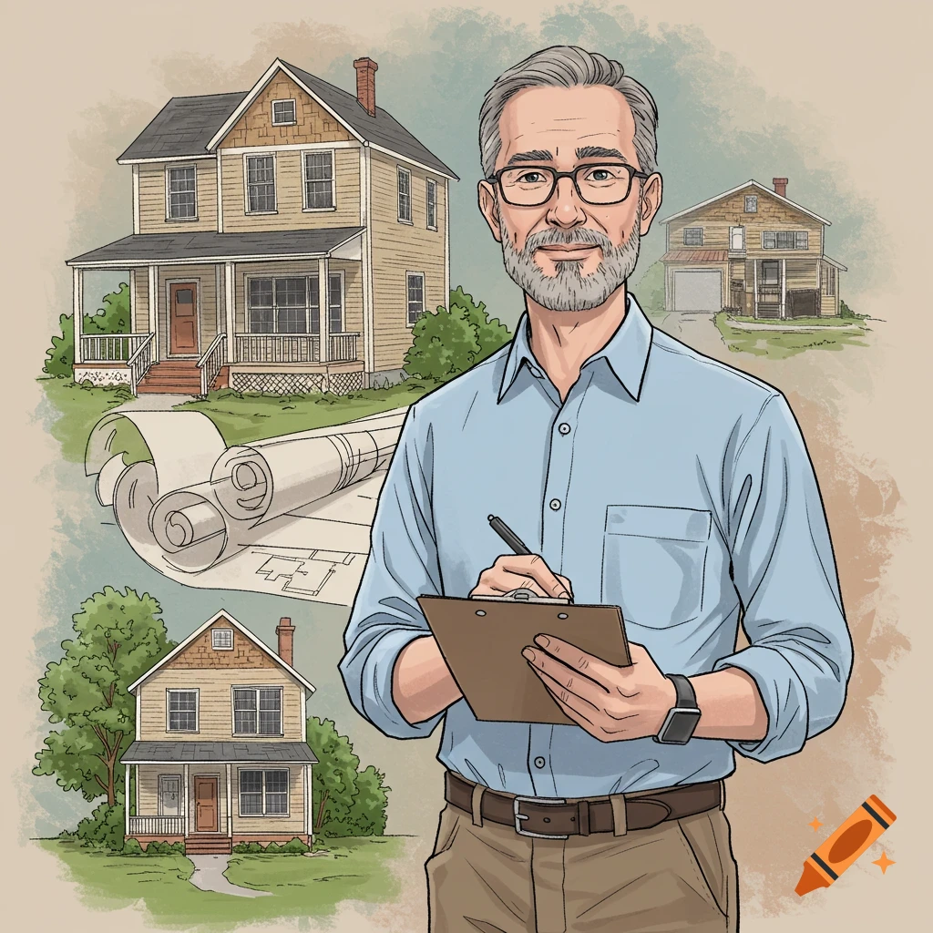 A home inspector holding a clipboard with illustrations of houses and blueprints in the background.