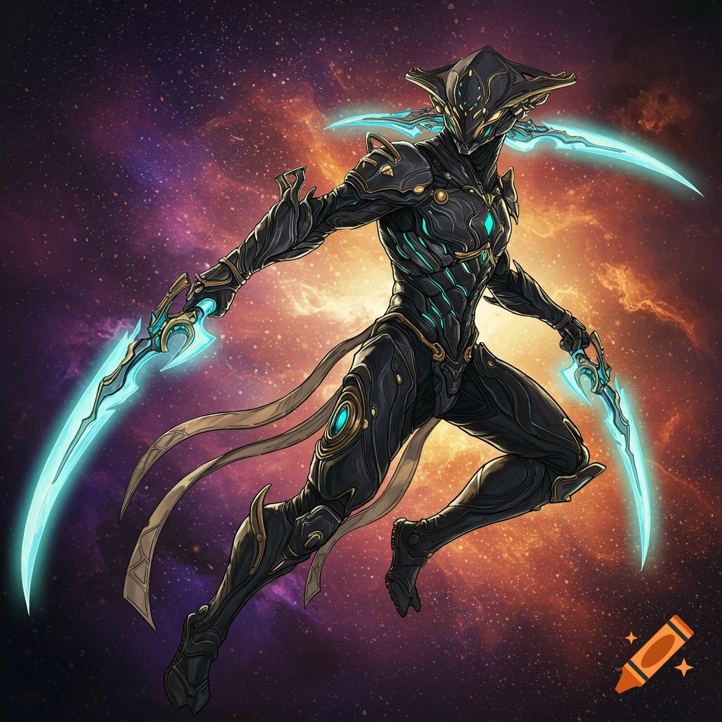 Futuristic armored character with dual glowing swords leaping in space