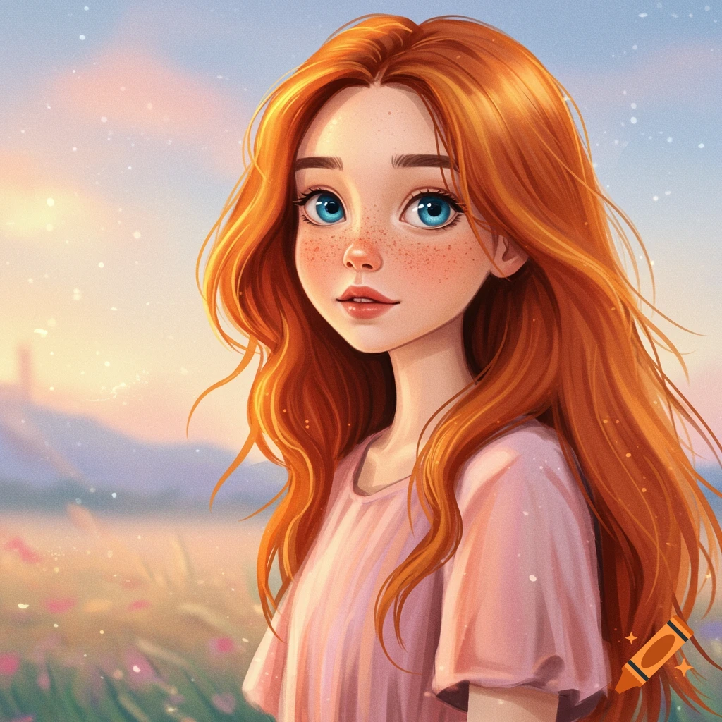 A young girl with red hair and blue eyes in a field.