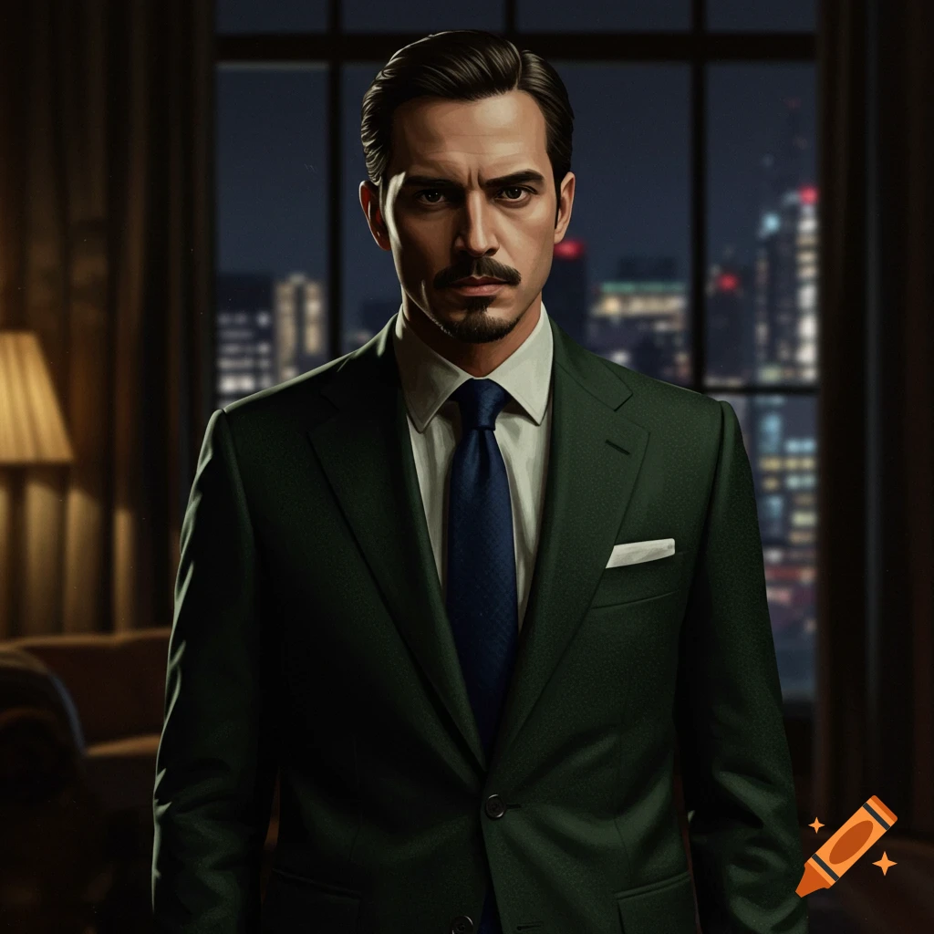 A man in a dark green suit and navy tie stands against a city skyline at night.