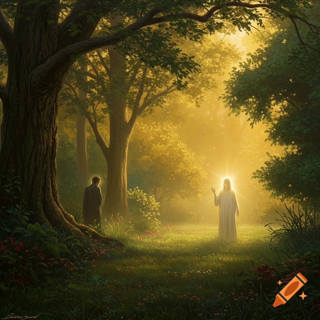Ethereal painting of a radiant figure in a forest clearing with another figure in shadow.