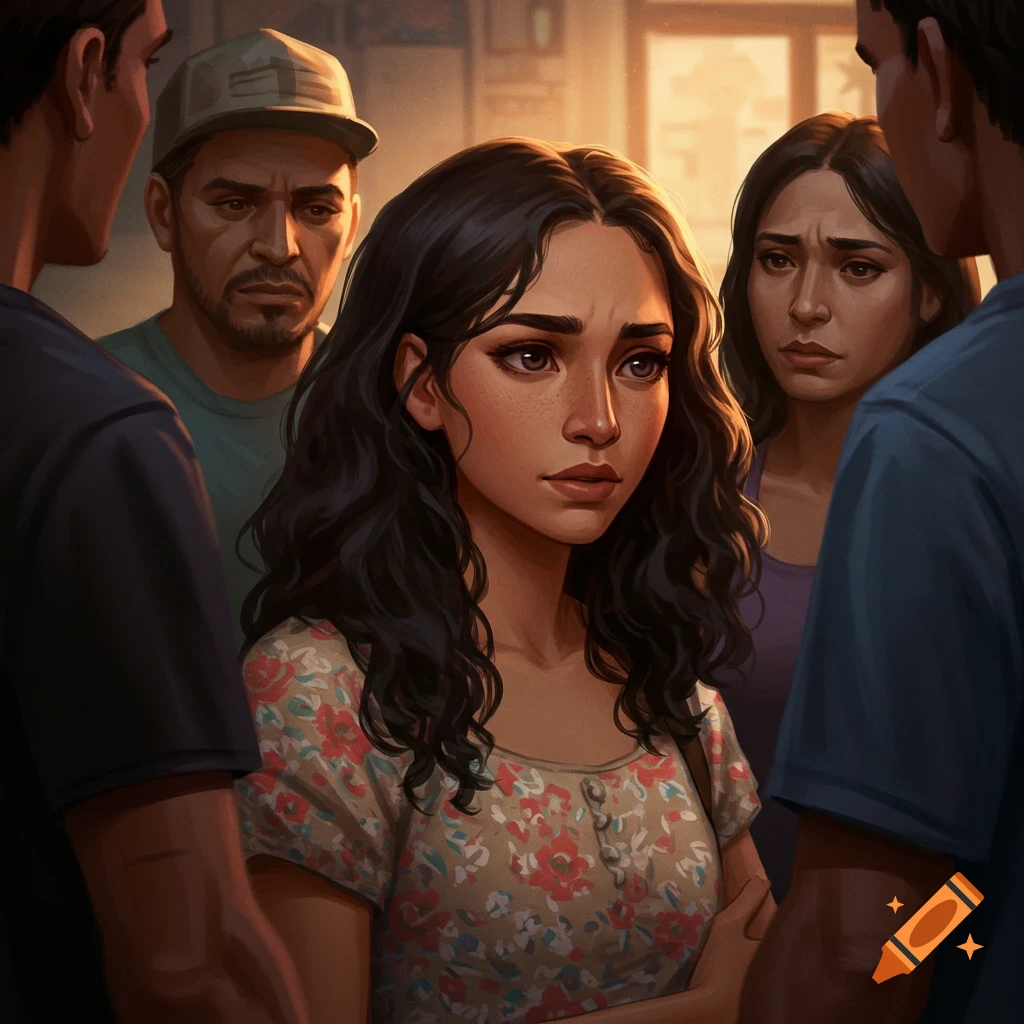 A worried woman is surrounded by three people.