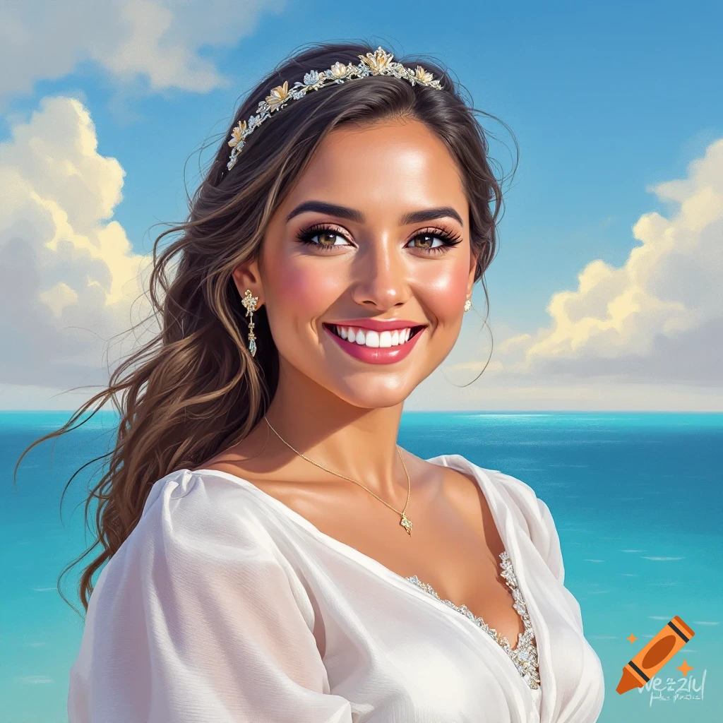 A woman in a white dress and tiara smiles by the sea