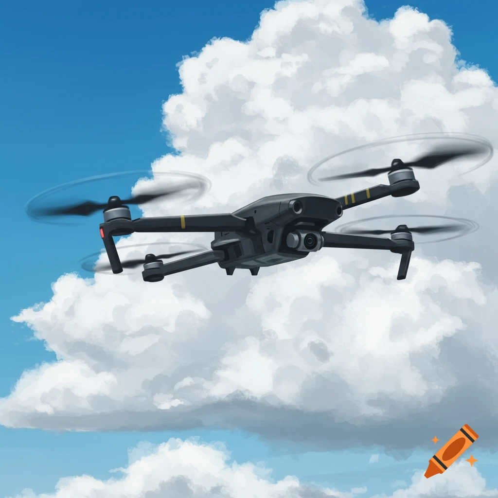 A drone flying in a cloudy blue sky.