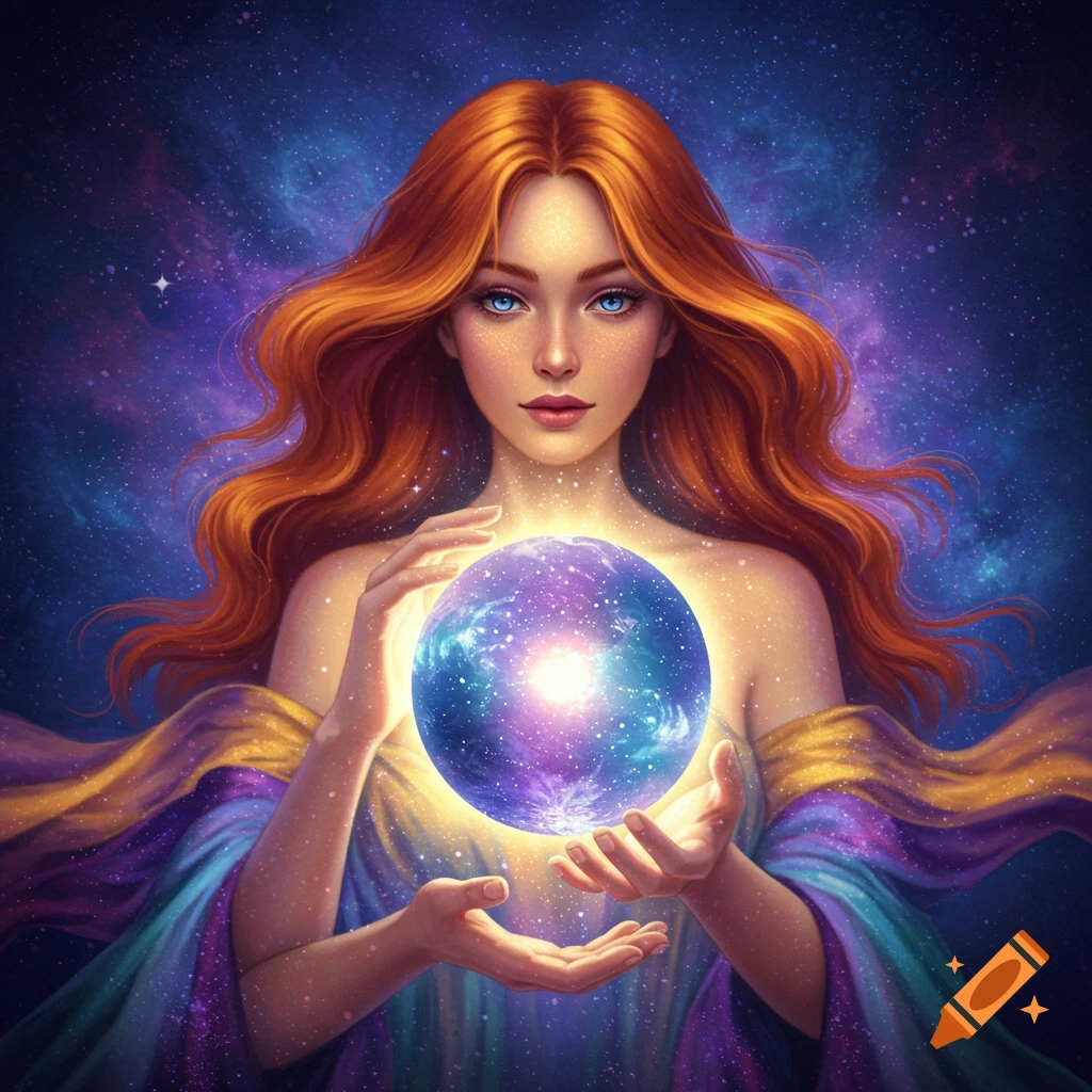 A woman with red hair is holding a glowing cosmic orb.