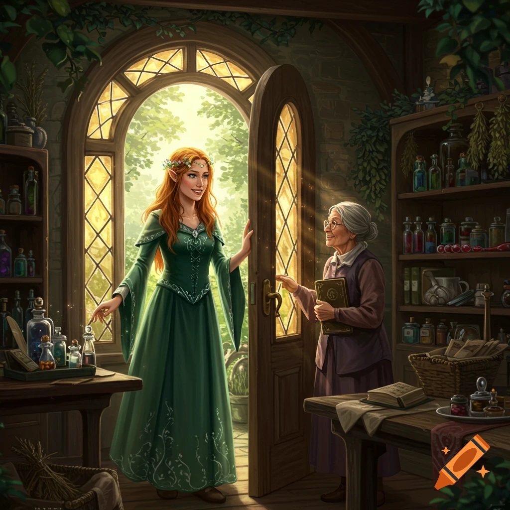 An elven woman smiles at an older woman entering a magical shop.