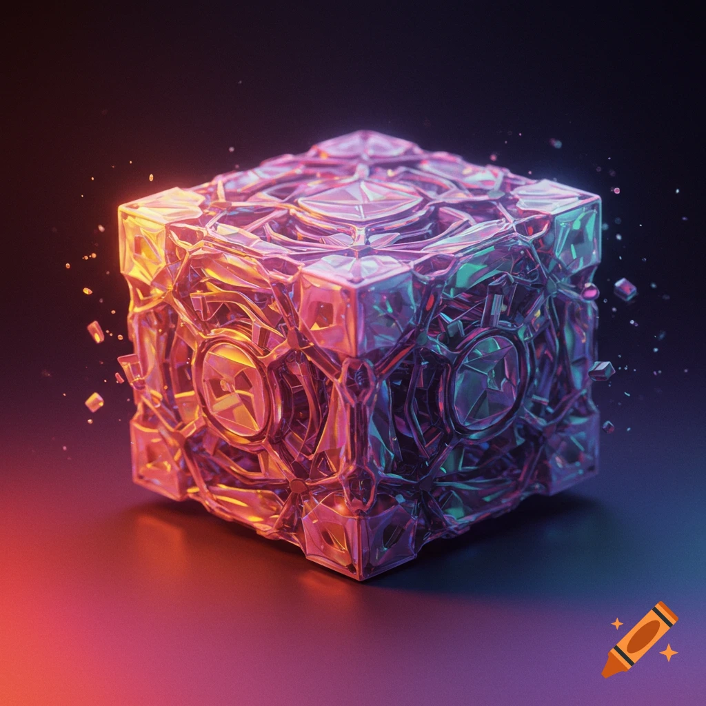 A glowing iridescent crystalline cube on a dark background.