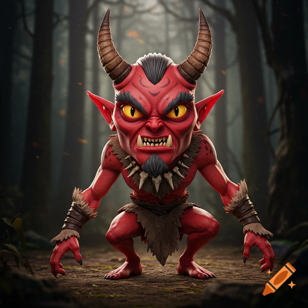 A squatting red cartoon demon with horns and claws in a forest.