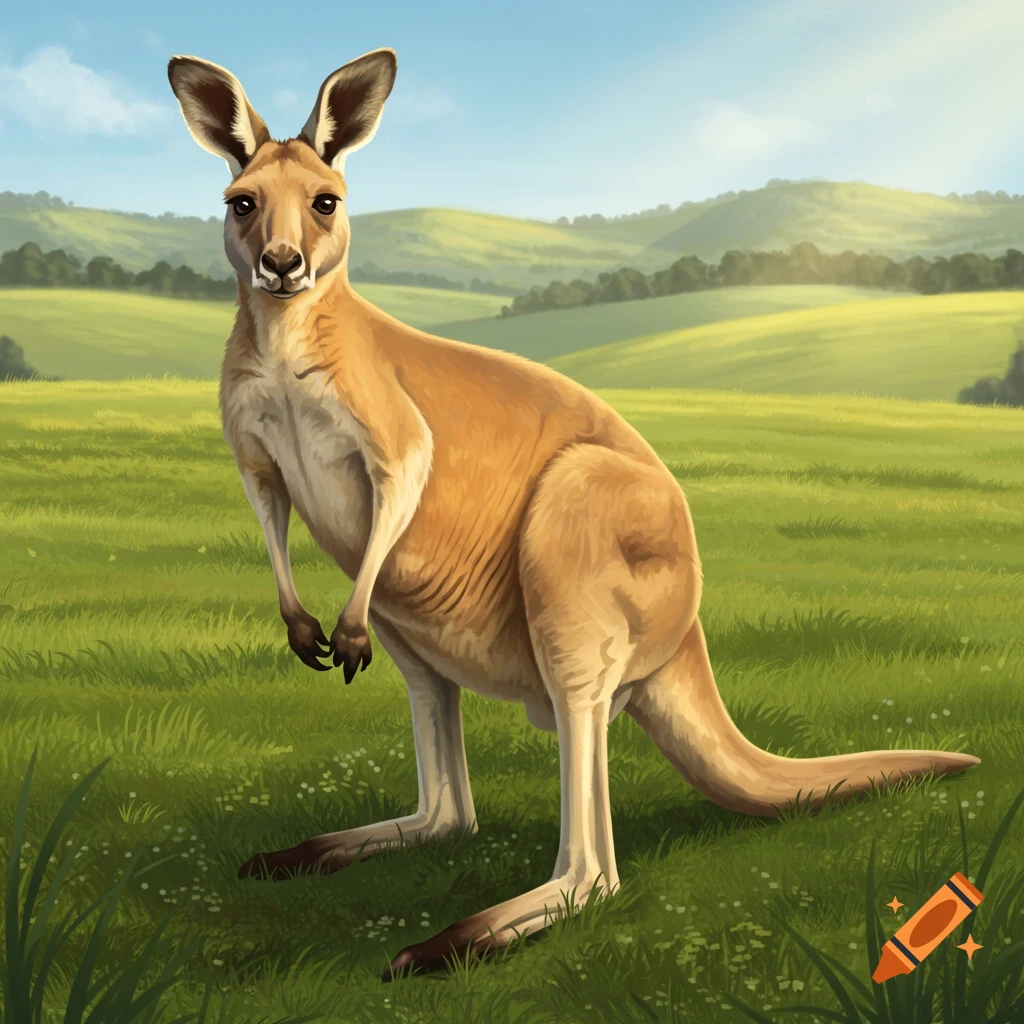 A kangaroo standing in a grassy field with rolling hills in the background.