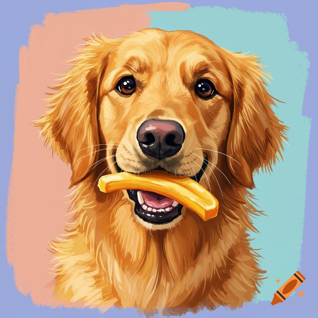 A golden retriever holding a French fry in its mouth