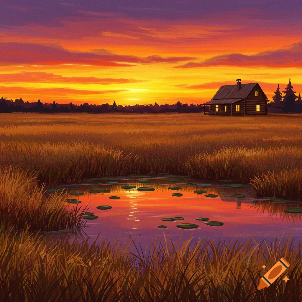 A cabin by a pond in a field at sunset.