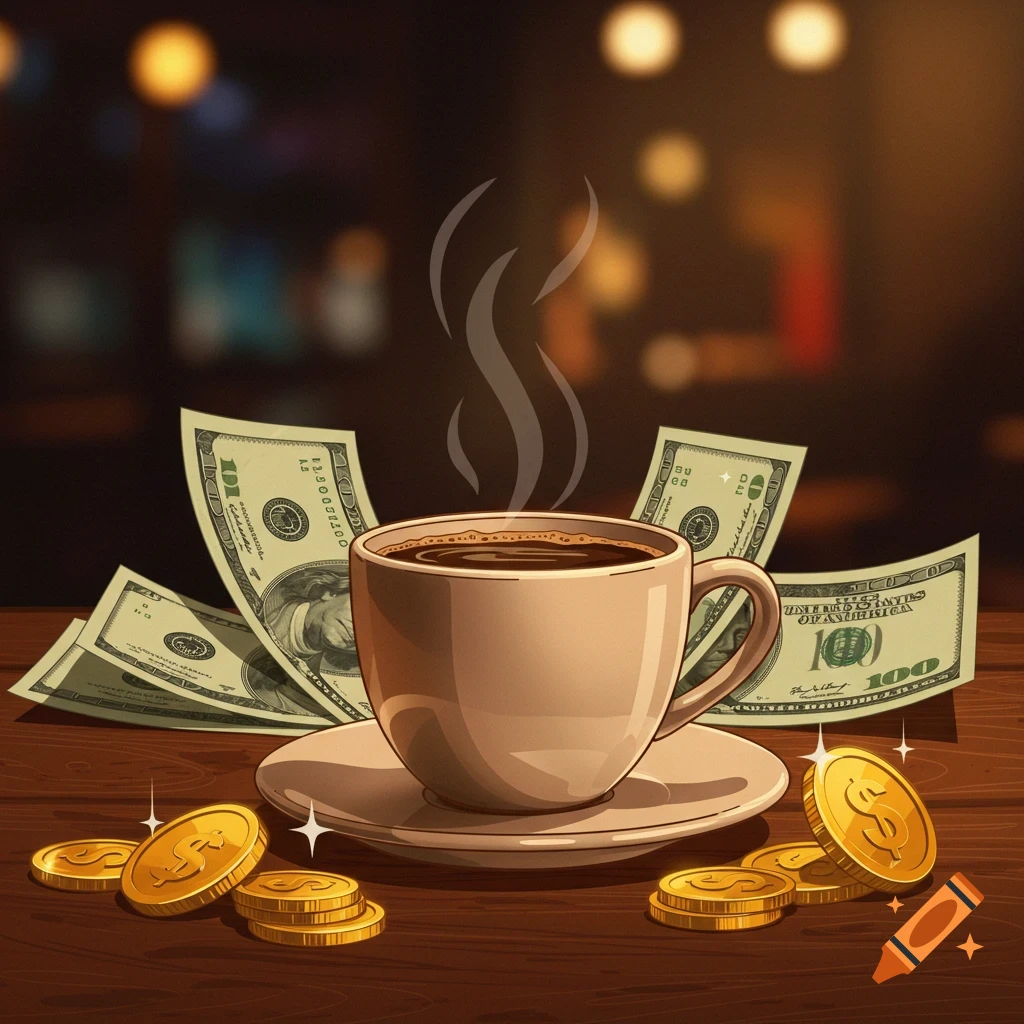 A steaming cup of coffee sits on a table with US dollar bills and gold coins scattered around it, in a cozy cafe setting.