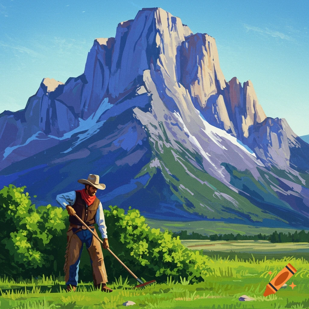 A cowboy raking grass in a field with a large mountain in the background.
