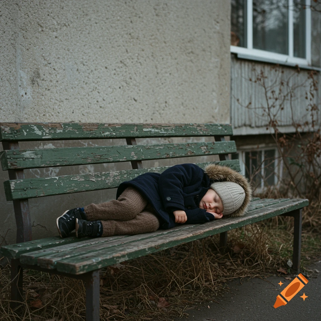 A young child sleeps bundled up on a weathered green park bench outside an old concrete building.