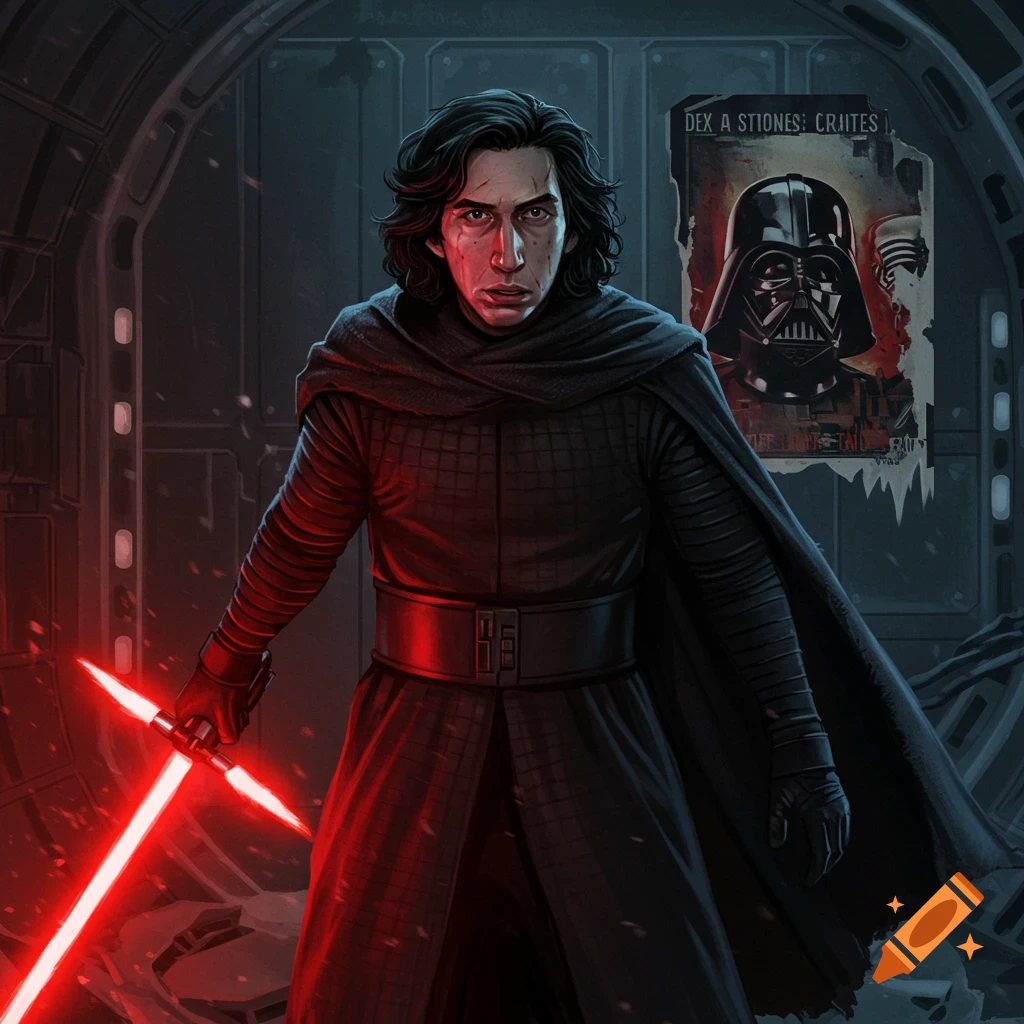 Kylo Ren with a red crossguard lightsaber, standing in a dark corridor with a Darth Vader poster.