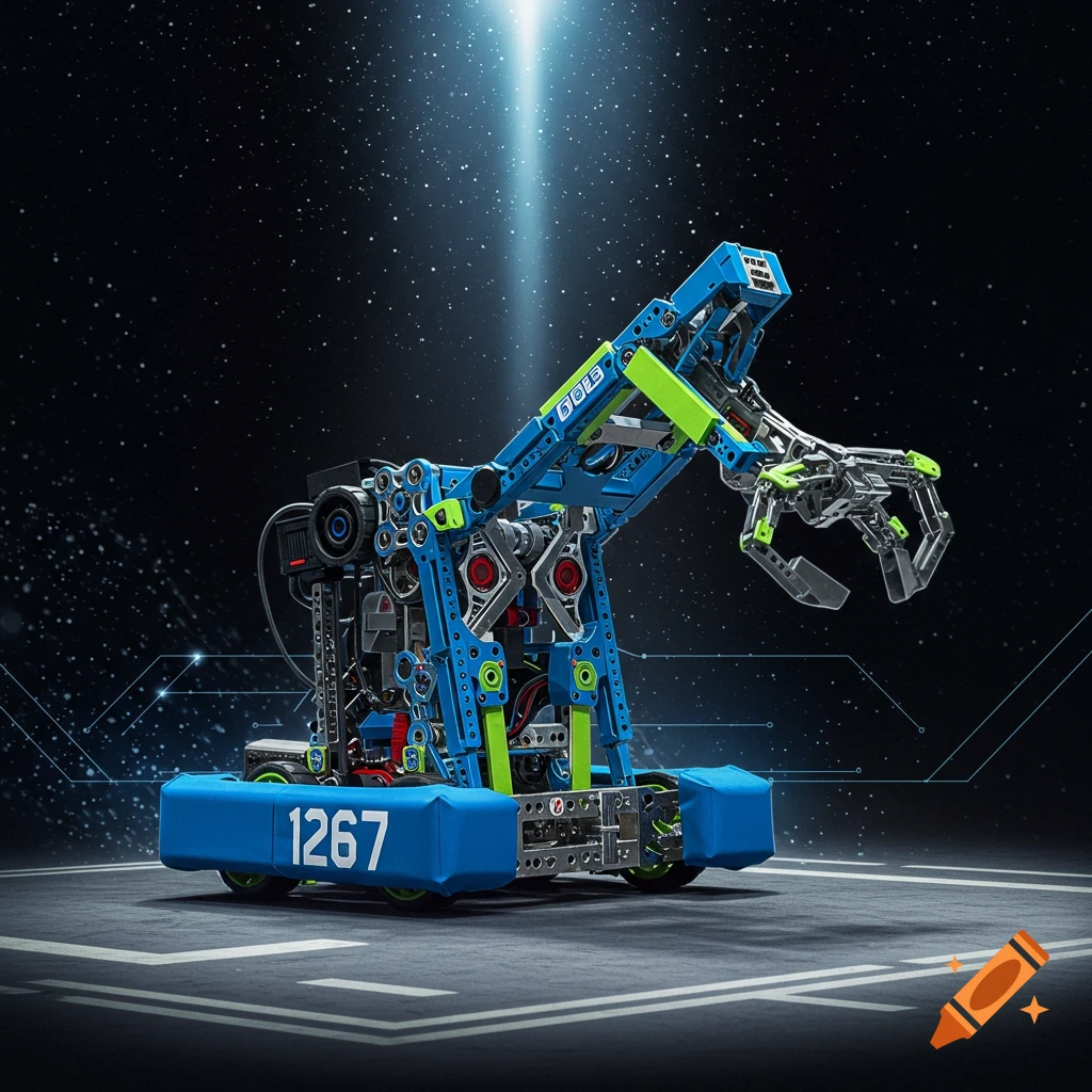 A blue and green metal robot stands in an arena with a space background.
