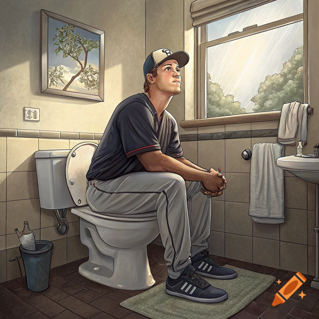 A baseball player sits on a toilet in a bathroom, looking up at the light coming through the window.