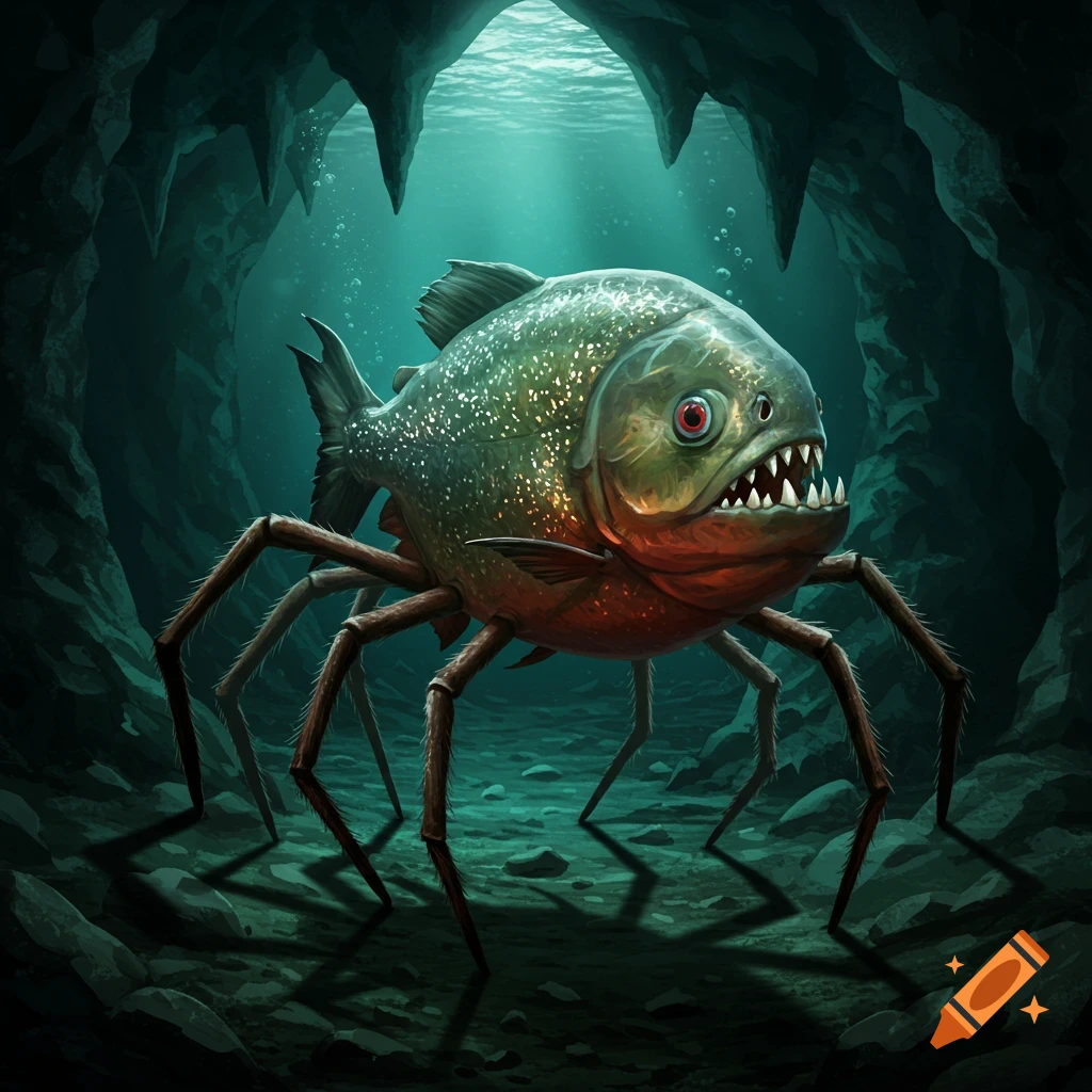 A piranha with spider legs stands in an underwater cave.
