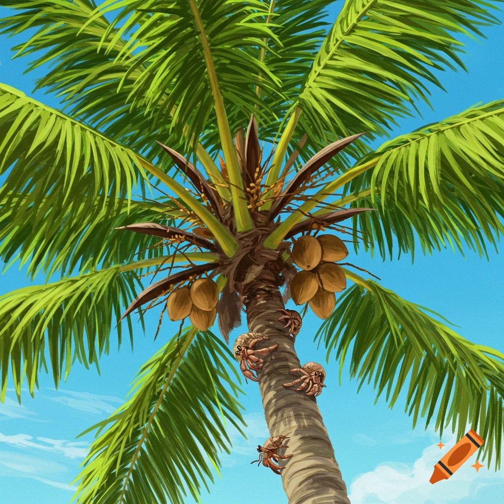 A palm tree with coconuts and crabs climbing the trunk against a blue sky.
